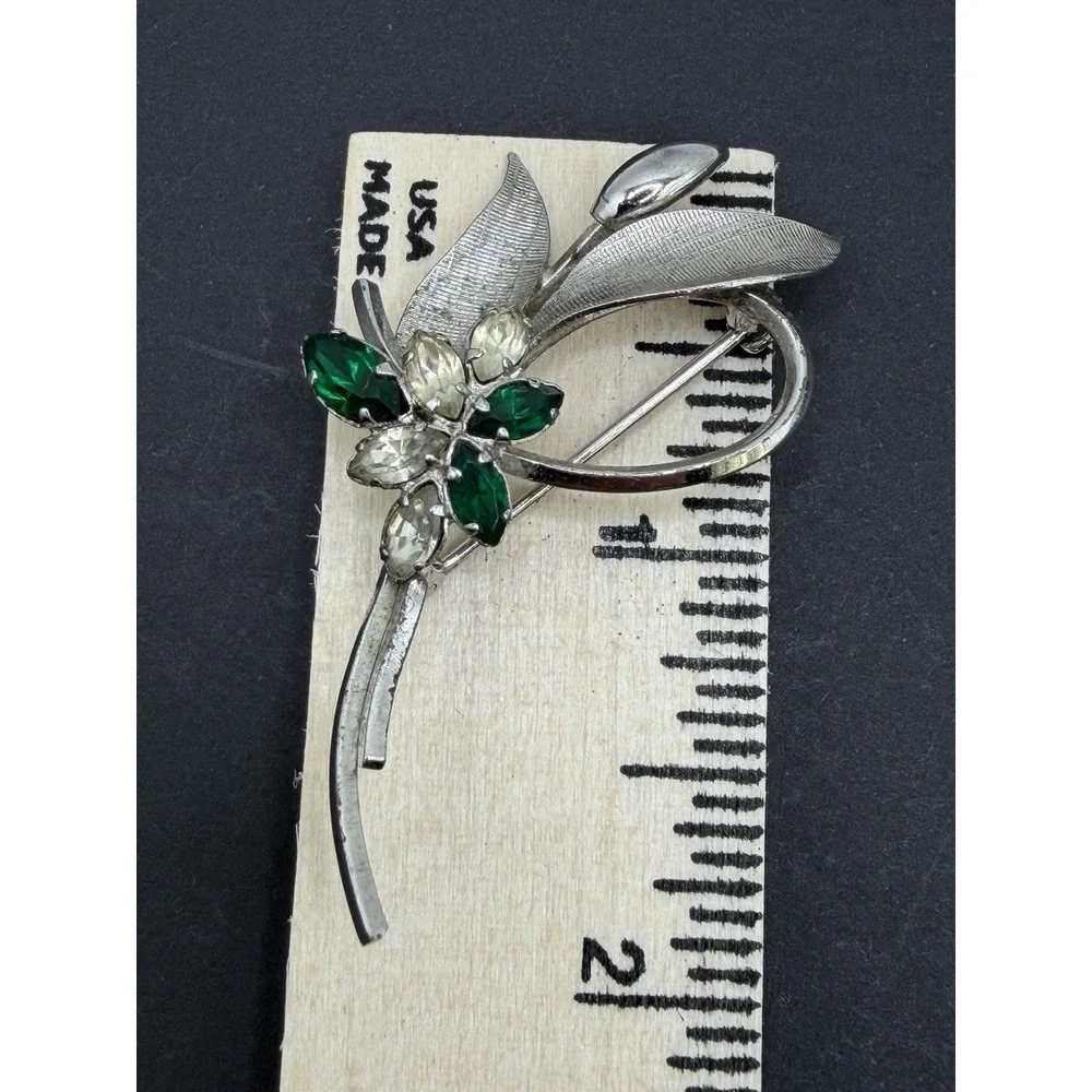 Vintage STAR ART Sterling Silver Flower Spray Brooch Pin Green Rhinestone 1950s